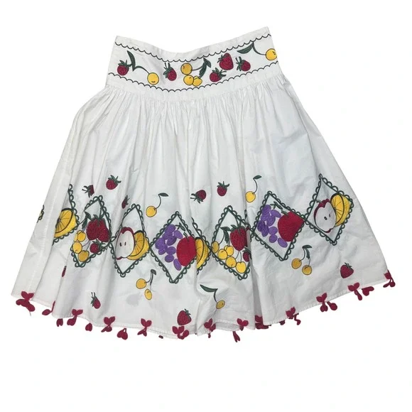 Vintage Skirt Medium Fruit Embroidered White Cotton Midi Cherry Tassles *Read - Picture 1 of 11